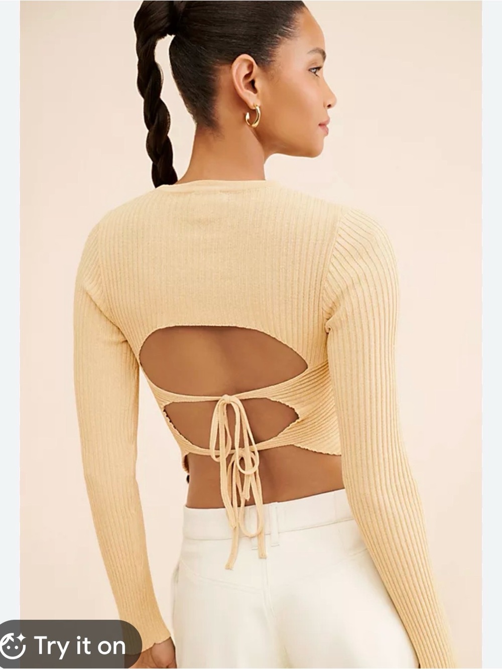 Tie-Back Ribbed Crewneck Sweater in Light Beige